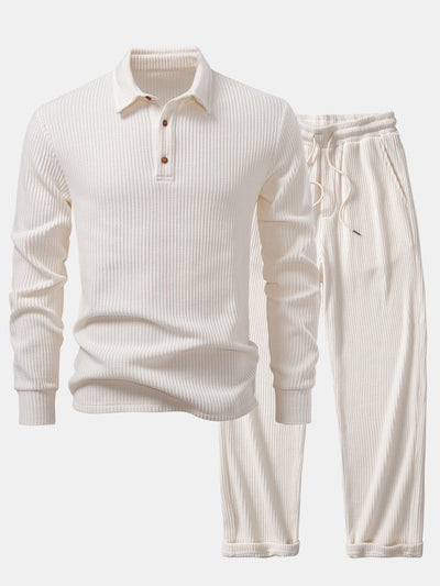 Iliás® | Long Sleeved Knitted Waffle Polo Shirt & Drawstring Knitted Waffle Pants