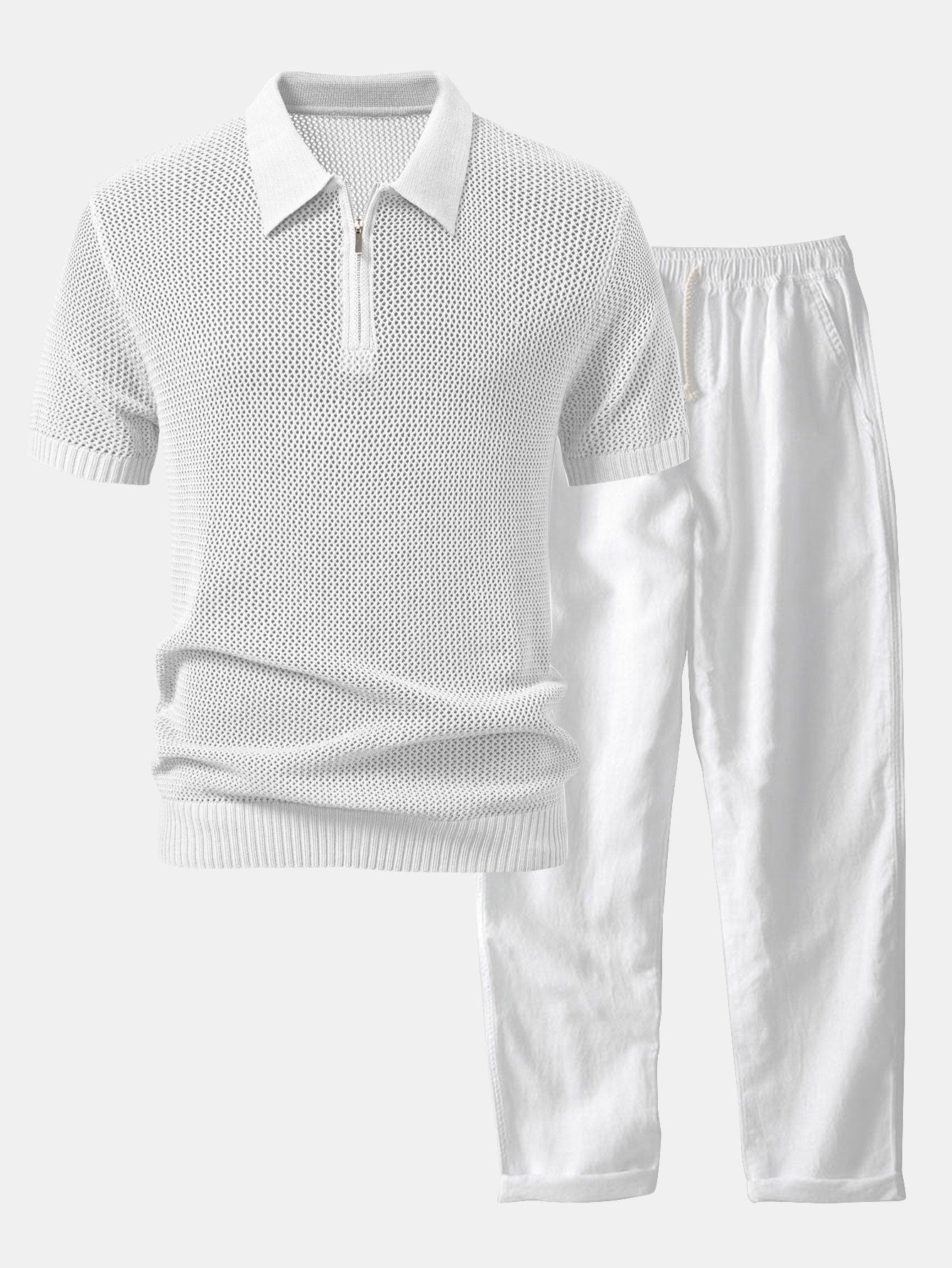 Teófilo® | Eyelet Zip Up Knit Polo Shirt & Straight Leg Linen Pants