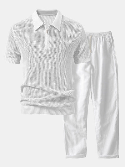 Teófilo® | Eyelet Zip Up Knit Polo Shirt & Straight Leg Linen Pants