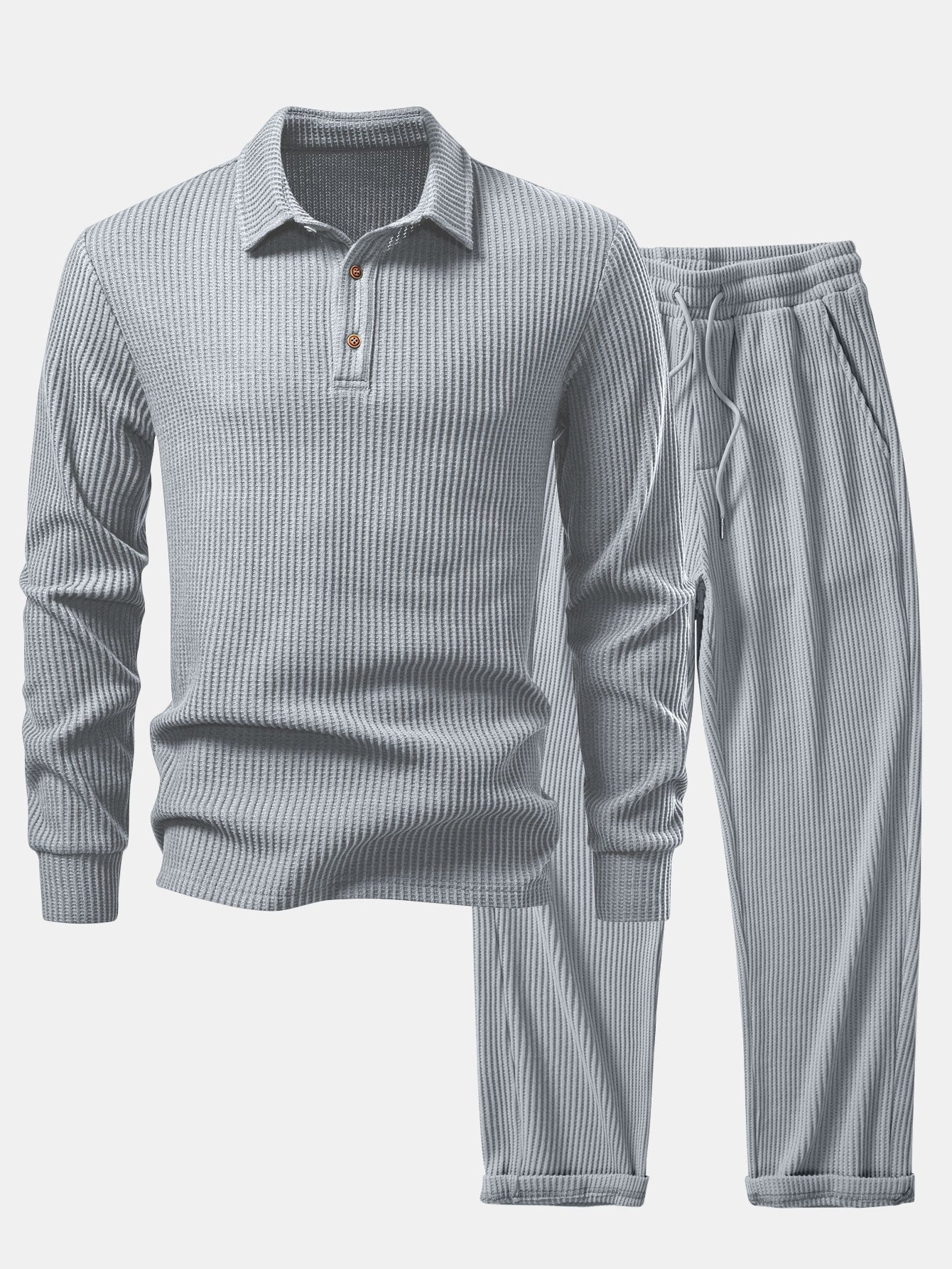 Iliás® | Long Sleeved Knitted Waffle Polo Shirt & Drawstring Knitted Waffle Pants