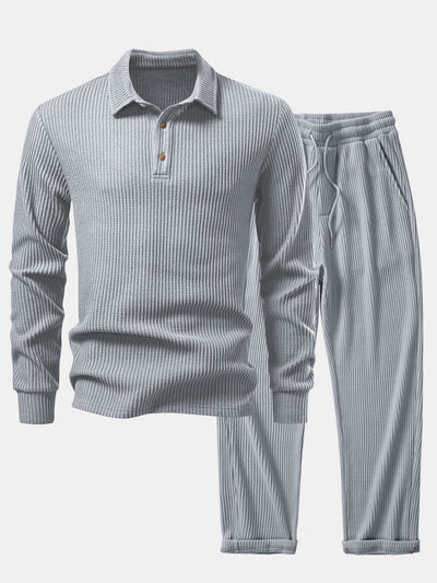 Iliás® | Long Sleeved Knitted Waffle Polo Shirt & Drawstring Knitted Waffle Pants