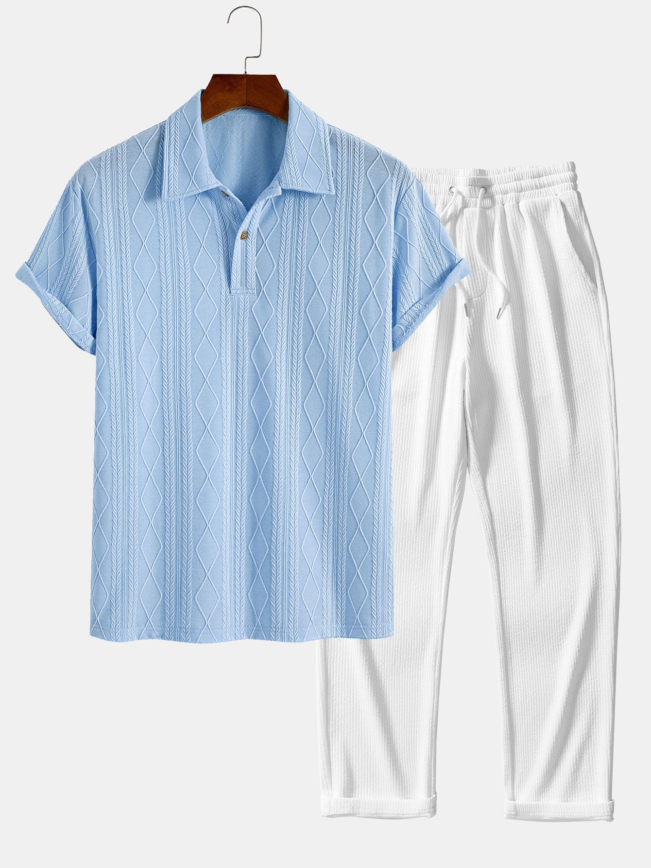 Colombo® | Knitted Geometric Rhombus Jacquard Polo & Straight Leg Ribbed Pants