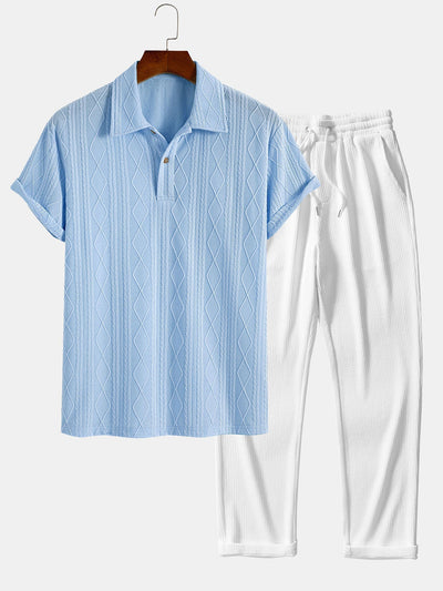 Colombo® | Knitted Geometric Rhombus Jacquard Polo & Straight Leg Ribbed Pants