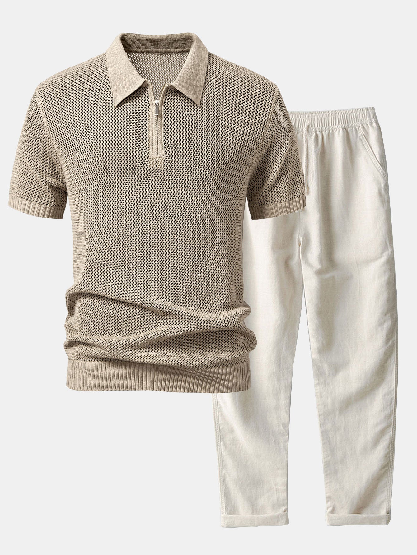 Teófilo® | Eyelet Zip Up Knit Polo Shirt & Straight Leg Linen Pants