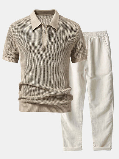 Teófilo® | Eyelet Zip Up Knit Polo Shirt & Straight Leg Linen Pants