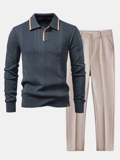 Escipión® | Long Sleeved Knitted Stripe Jacquard Polo Shirt & Slim Fit Tapered Trousers