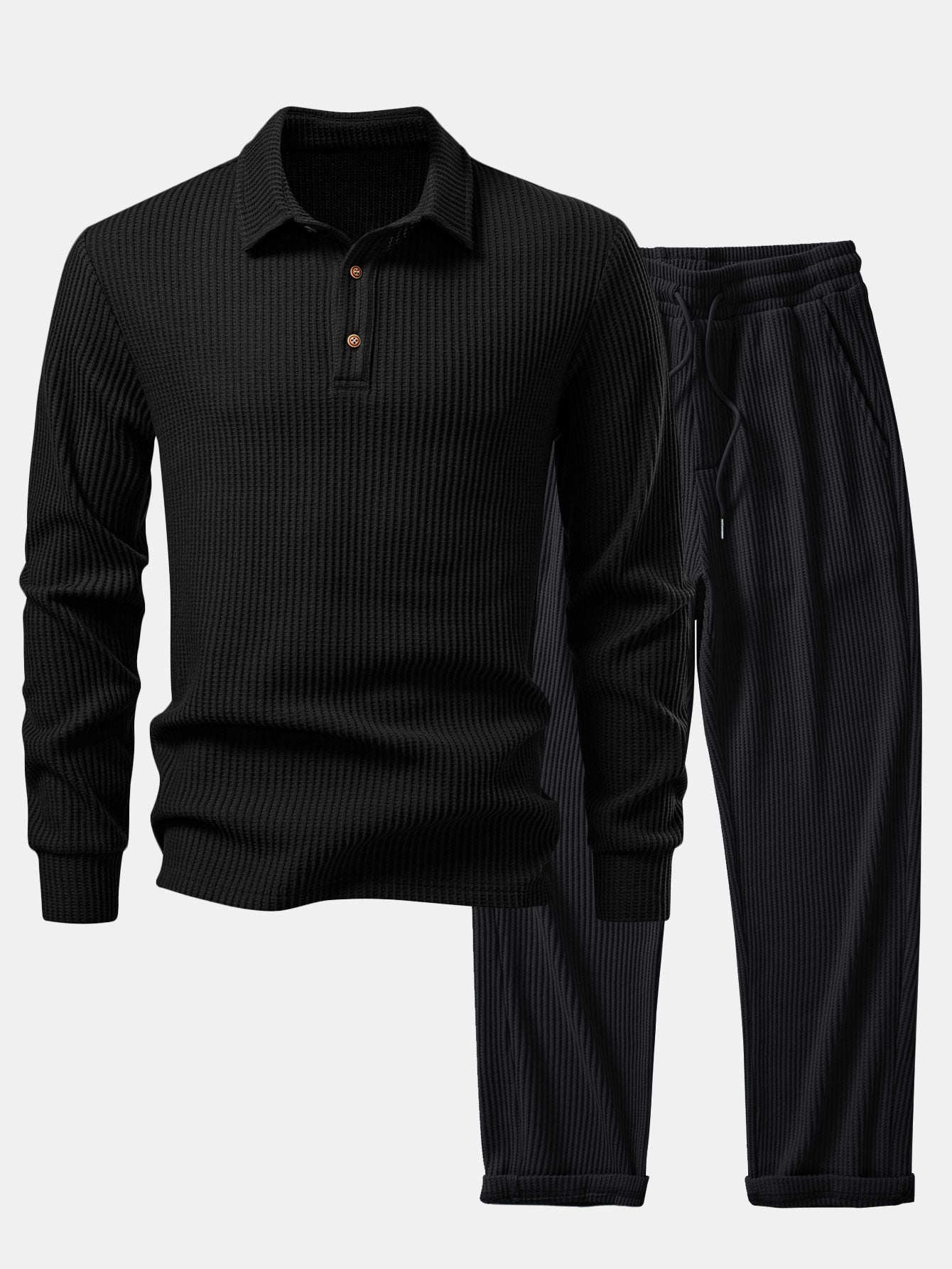 Iliás® | Long Sleeved Knitted Waffle Polo Shirt & Drawstring Knitted Waffle Pants