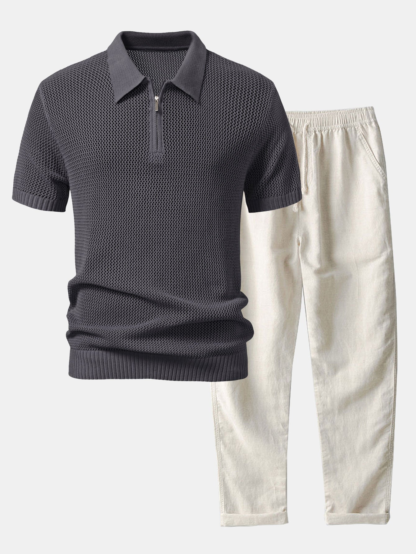 Teófilo® | Eyelet Zip Up Knit Polo Shirt & Straight Leg Linen Pants