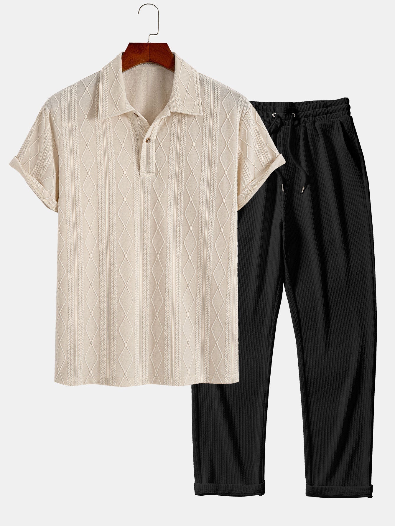 Colombo® | Knitted Geometric Rhombus Jacquard Polo & Straight Leg Ribbed Pants