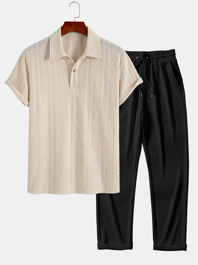 Colombo® | Knitted Geometric Rhombus Jacquard Polo & Straight Leg Ribbed Pants