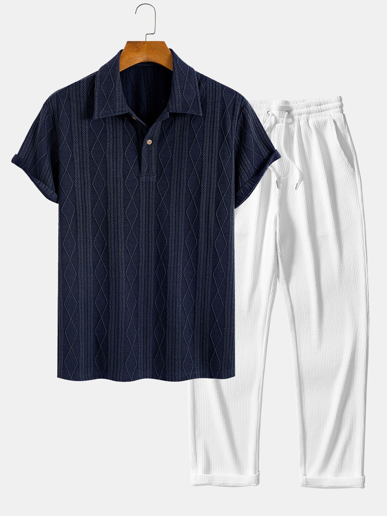 Colombo® | Knitted Geometric Rhombus Jacquard Polo & Straight Leg Ribbed Pants