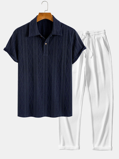 Colombo® | Knitted Geometric Rhombus Jacquard Polo & Straight Leg Ribbed Pants