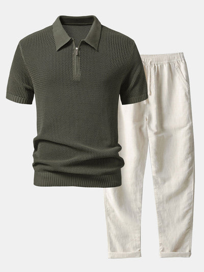 Teófilo® | Eyelet Zip Up Knit Polo Shirt & Straight Leg Linen Pants