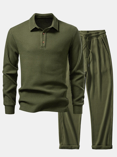 Iliás® | Long Sleeved Knitted Waffle Polo Shirt & Drawstring Knitted Waffle Pants