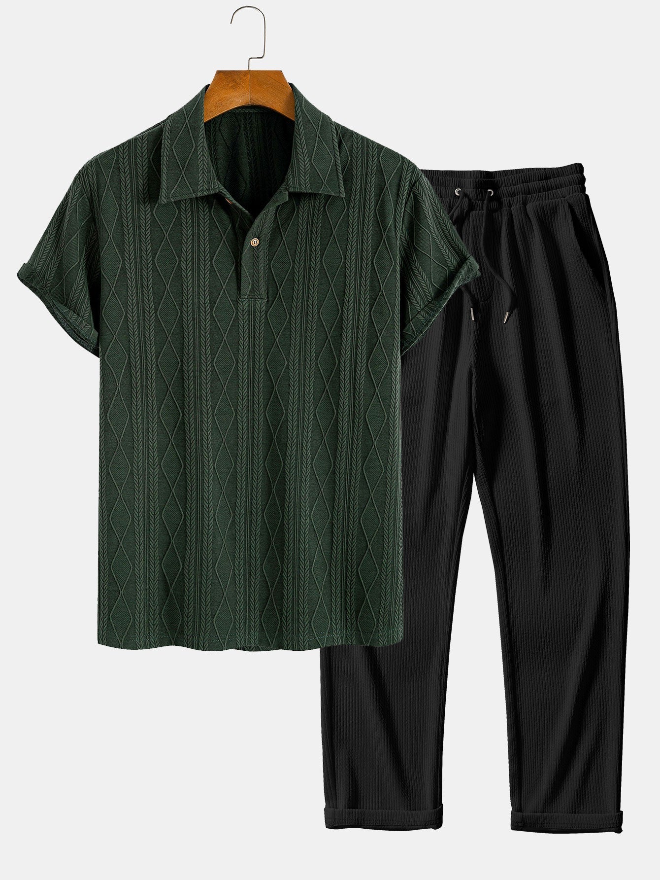 Colombo® | Knitted Geometric Rhombus Jacquard Polo & Straight Leg Ribbed Pants