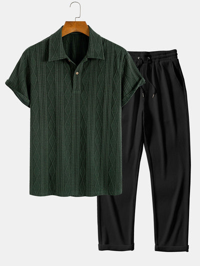 Colombo® | Knitted Geometric Rhombus Jacquard Polo & Straight Leg Ribbed Pants
