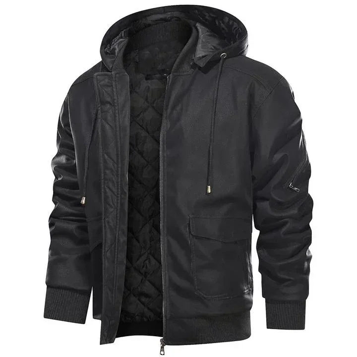 Teseo | Robust men's leather jacket with hood and practical pockets
