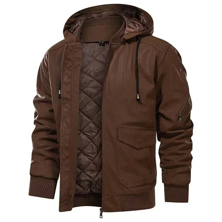 Teseo | Robust men's leather jacket with hood and practical pockets