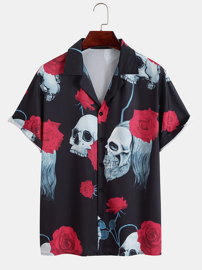 Arte® | Skull Rose Print Revere Collar Shirt