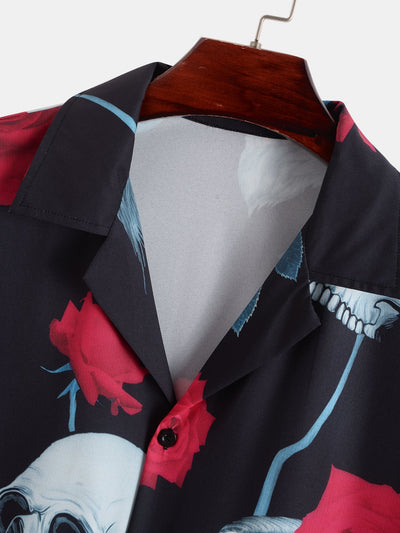 Arte® | Skull Rose Print Revere Collar Shirt