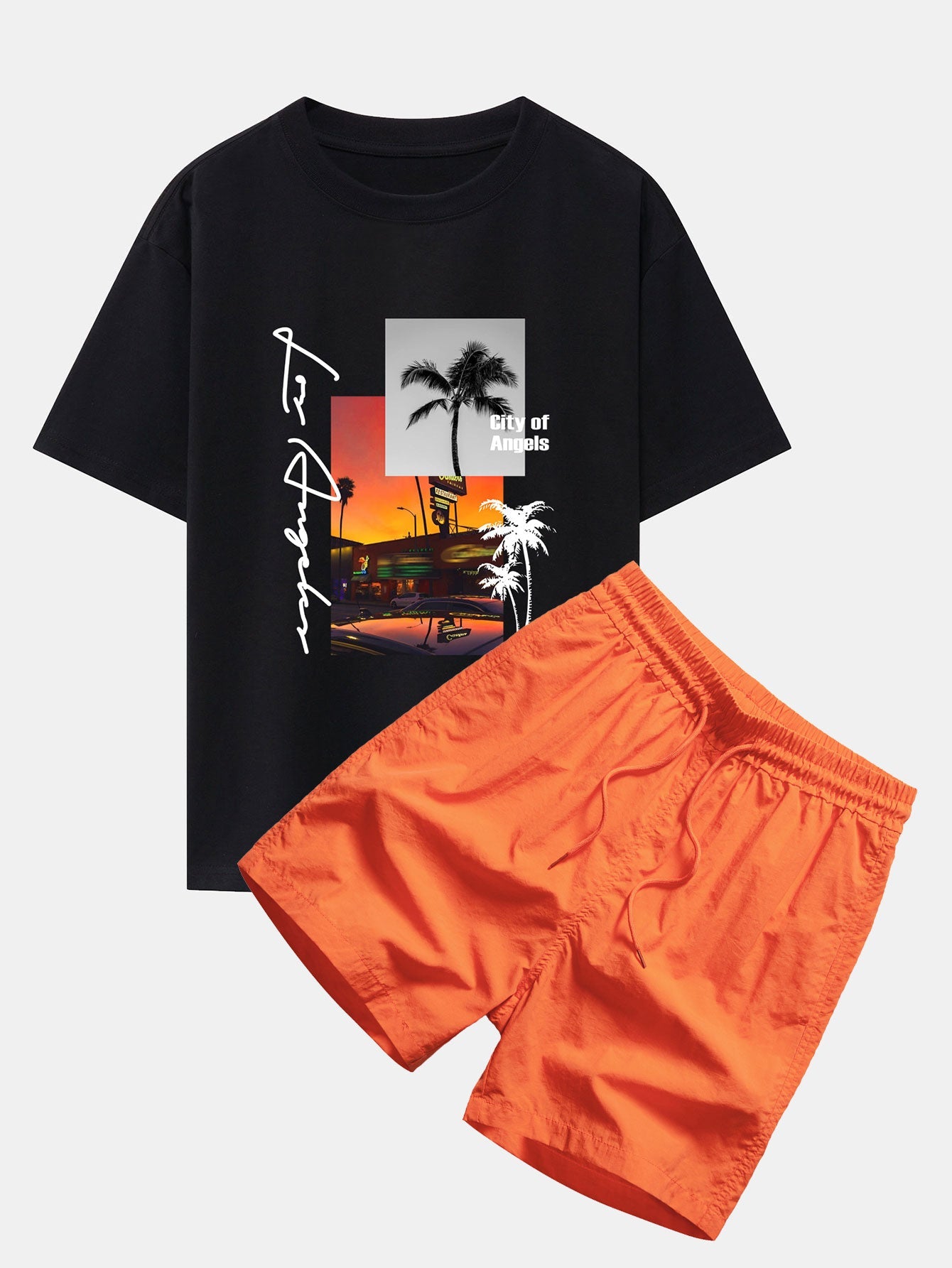 Emmett® | Los Angeles Scenery Print Drop Shoulder Oversize T-Shirt & Swim Shorts
