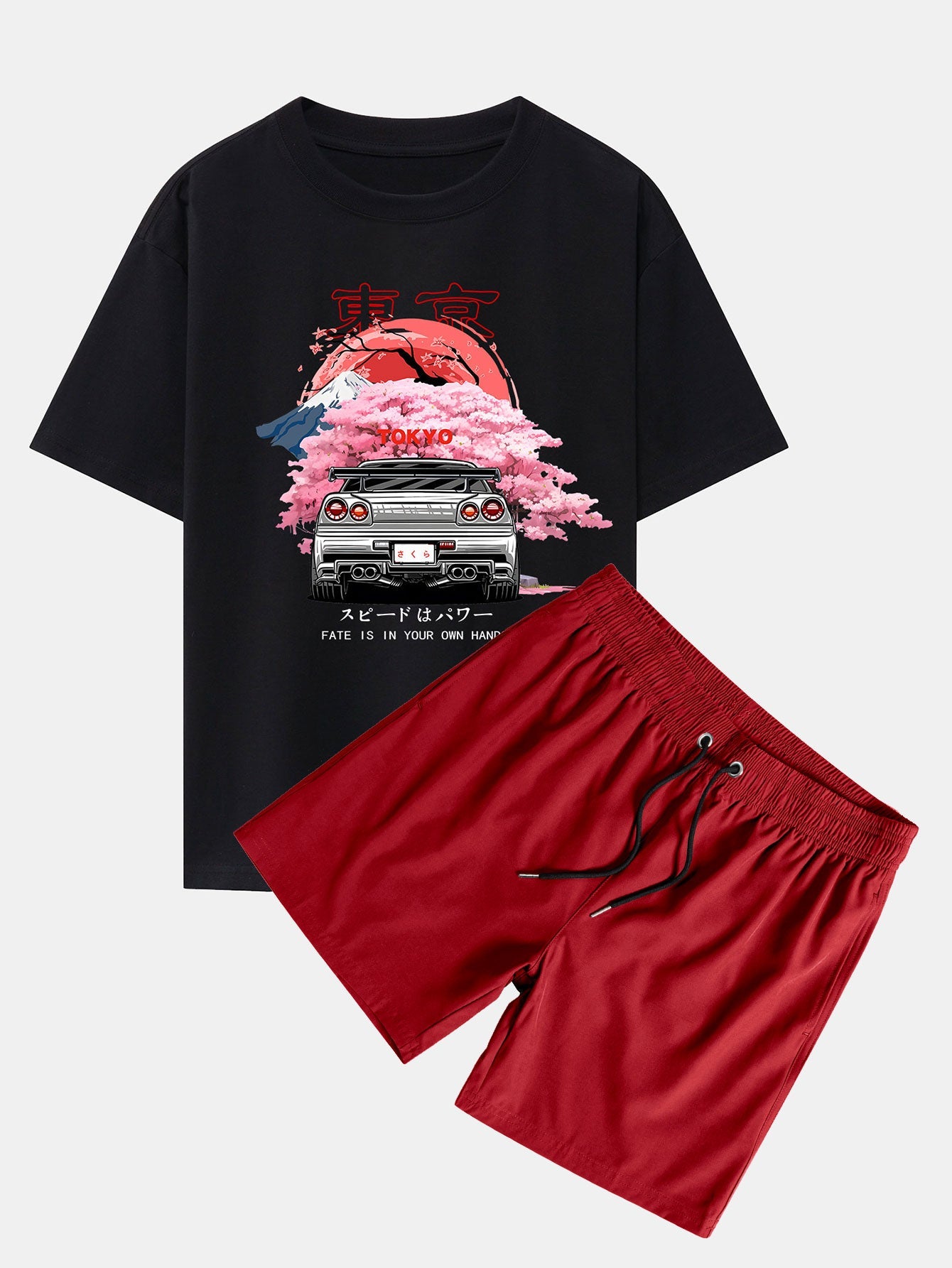Jorge® | Tokyo Cherry Blossoms Car Print Drop Shoulder Oversize T-Shirt & Swim Shorts