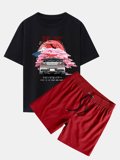 Jorge® | Tokyo Cherry Blossoms Car Print Drop Shoulder Oversize T-Shirt & Swim Shorts