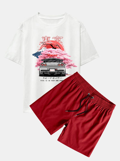 Jorge® | Tokyo Cherry Blossoms Car Print Drop Shoulder Oversize T-Shirt & Swim Shorts