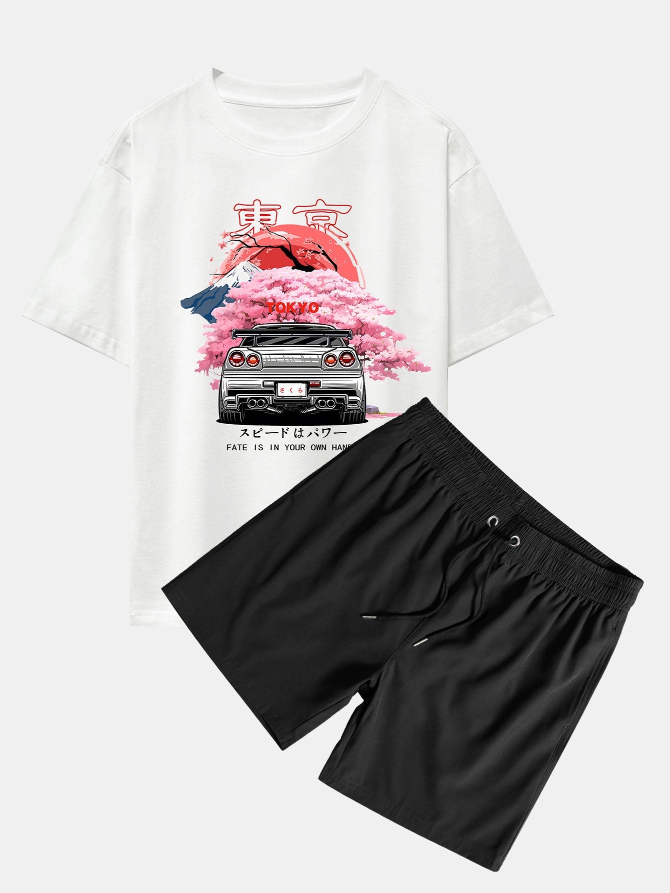 Jorge® | Tokyo Cherry Blossoms Car Print Drop Shoulder Oversize T-Shirt & Swim Shorts
