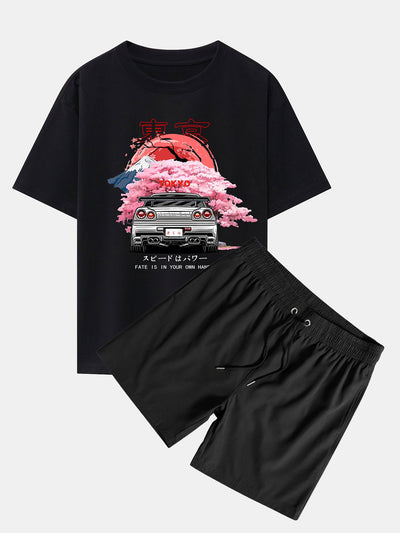 Jorge® | Tokyo Cherry Blossoms Car Print Drop Shoulder Oversize T-Shirt & Swim Shorts