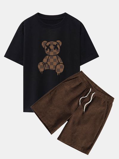 Jake® | Checkerboard Dissolving Bear Drop Shoulder Oversize T-Shirt & Corduroy Shorts