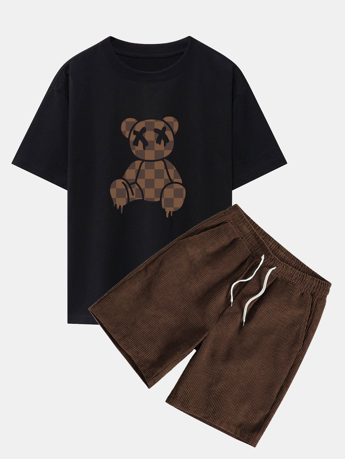 Iván® | Checkerboard Dissolving Bear Drop Shoulder Oversize T-Shirt & Corduroy Shorts