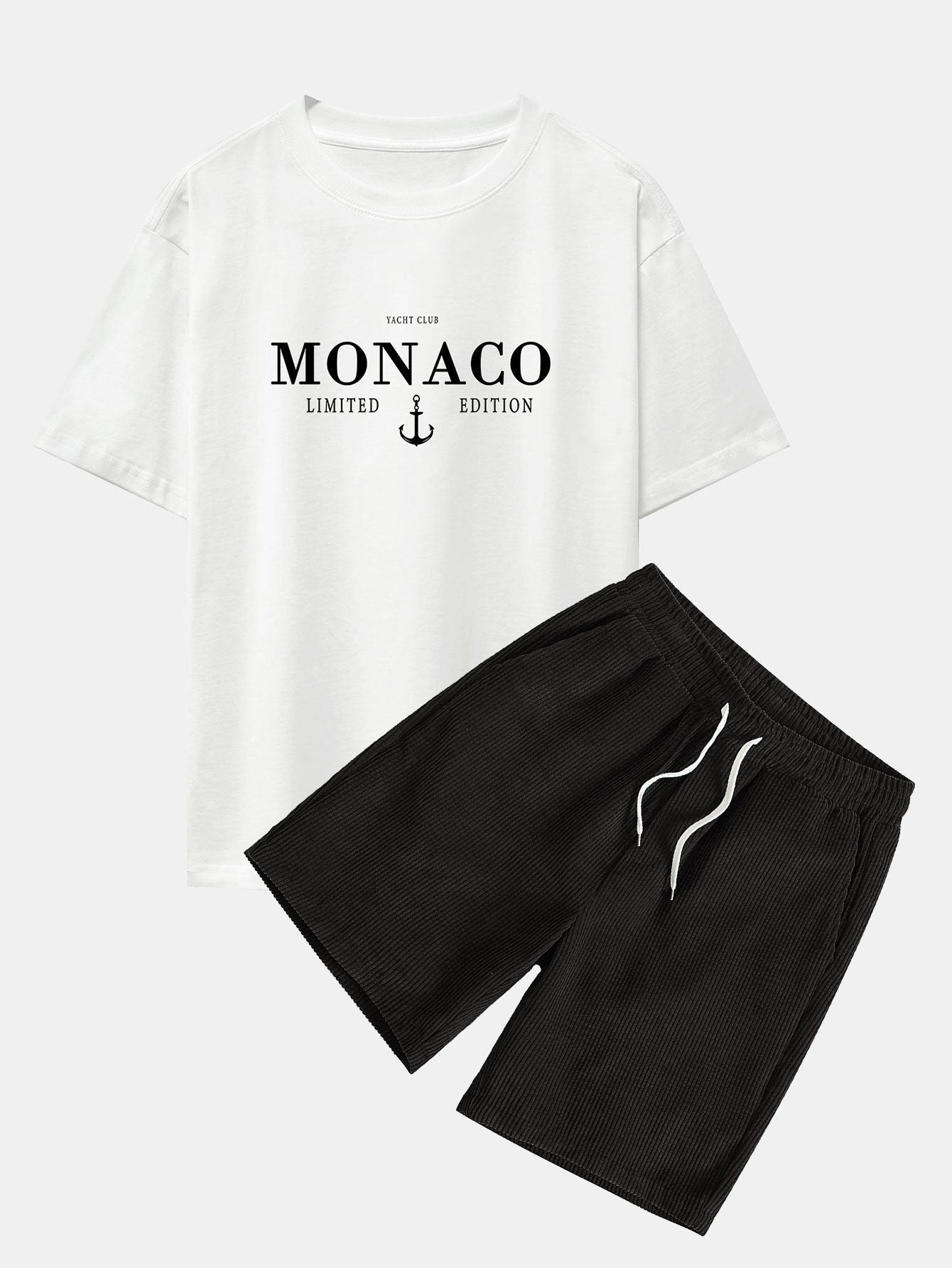 Cosme® | Monaco Slogan Print Drop Shoulder Oversize T-Shirt & Drawstring Corduroy Shorts