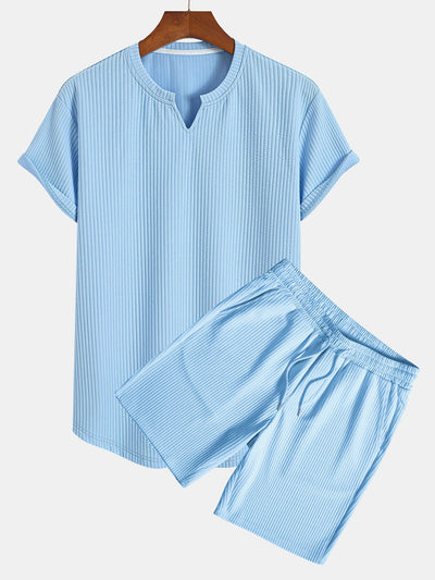 Fabricio® | Muscle Fit Notch Ribbed Arc Hem T-Shirt & Drawstring Ribbed Shorts