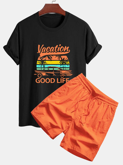 Héctor® | Good Life On Vacation Print Cotton T-Shirt & Man Mid Length Drawstring Swim Shorts