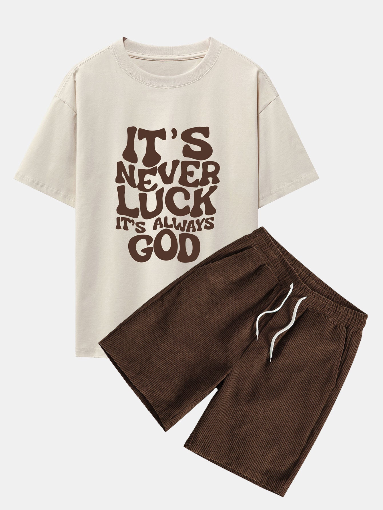 Cristóbal® | God Slogan Print Drop Shoulder Oversize T-Shirt & Drawstring Corduroy Shorts