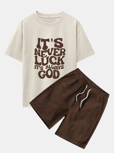 Cristóbal® | God Slogan Print Drop Shoulder Oversize T-Shirt & Drawstring Corduroy Shorts