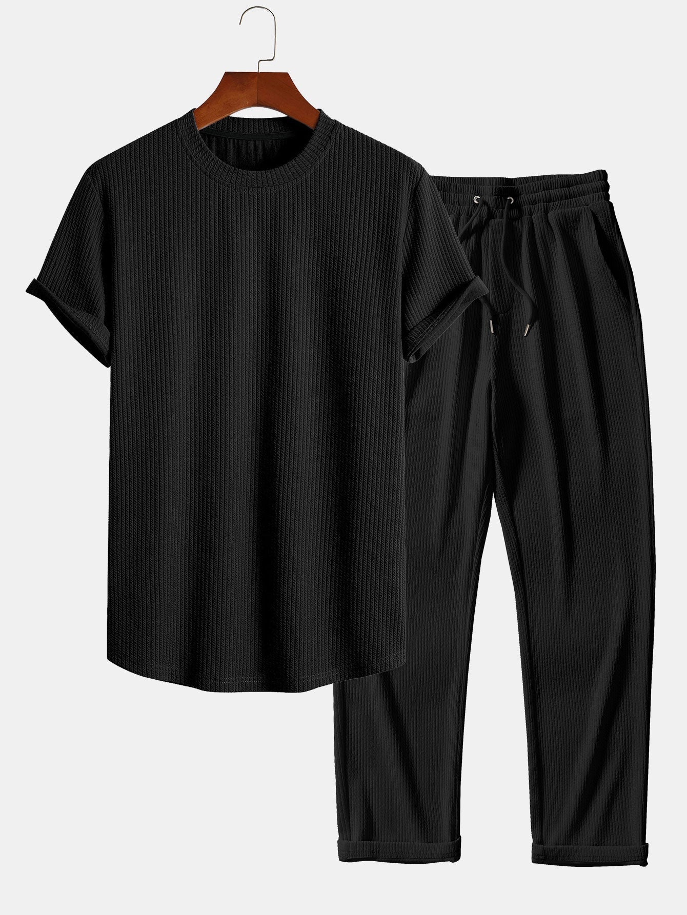 Aeolus® | Muscle Fit Ribbed Arc Hem T-Shirt & Straight Leg Ribbed Pants