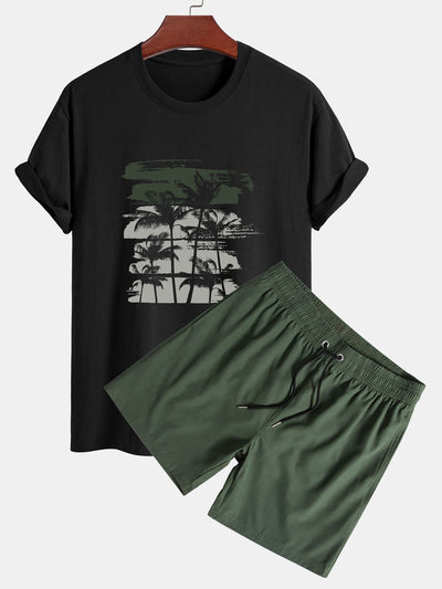 David® | Palm Tree Silhouette Print Cotton T-Shirt & Solid Drawstring Swim Shorts