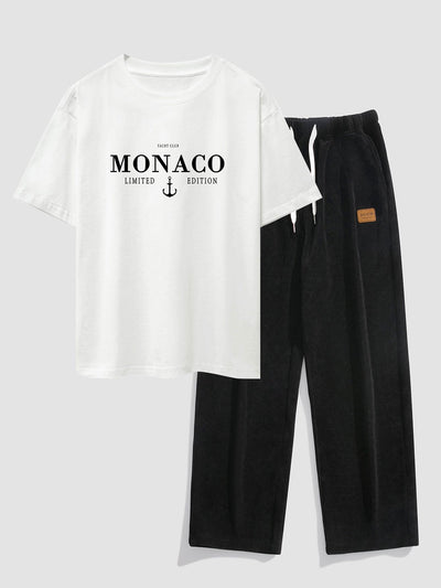 Nicandro® | Monaco Slogan Print Drop Shoulder Oversize T-Shirt & Straight Leg Corduroy Pants
