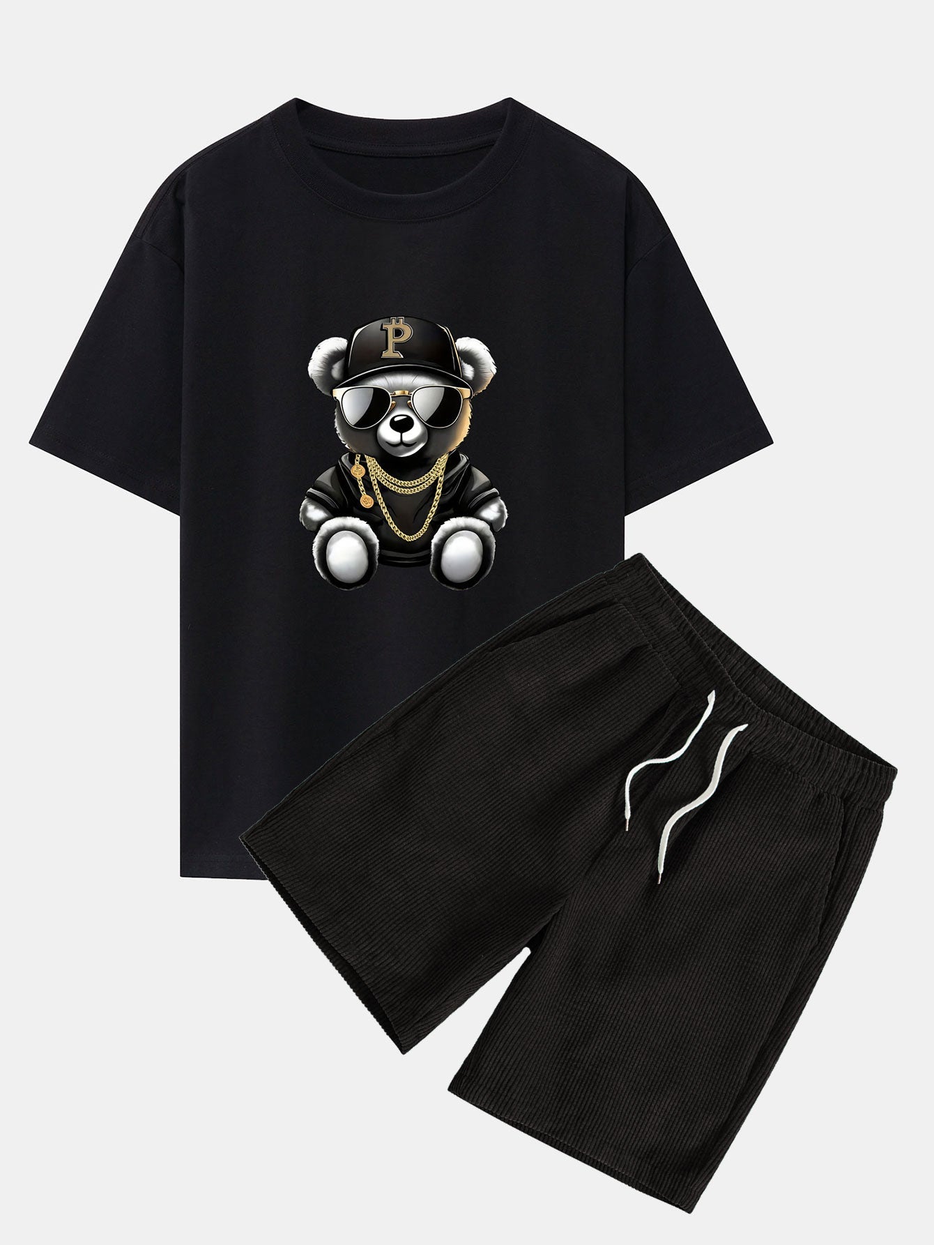 Erasmo® | Hip Hop Bear Print Drop Shoulder Oversize T-Shirt & Drawstring Corduroy Shorts