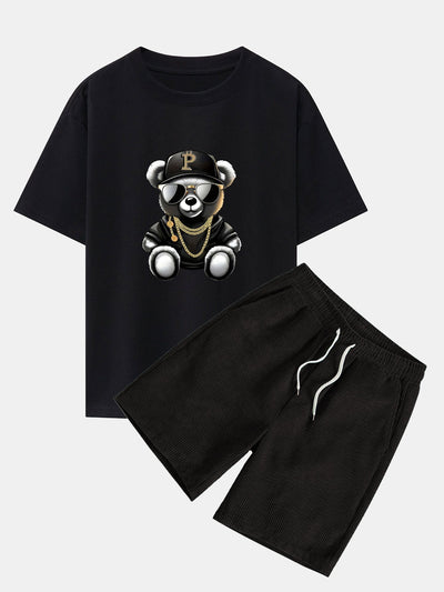 Erasmo® | Hip Hop Bear Print Drop Shoulder Oversize T-Shirt & Drawstring Corduroy Shorts