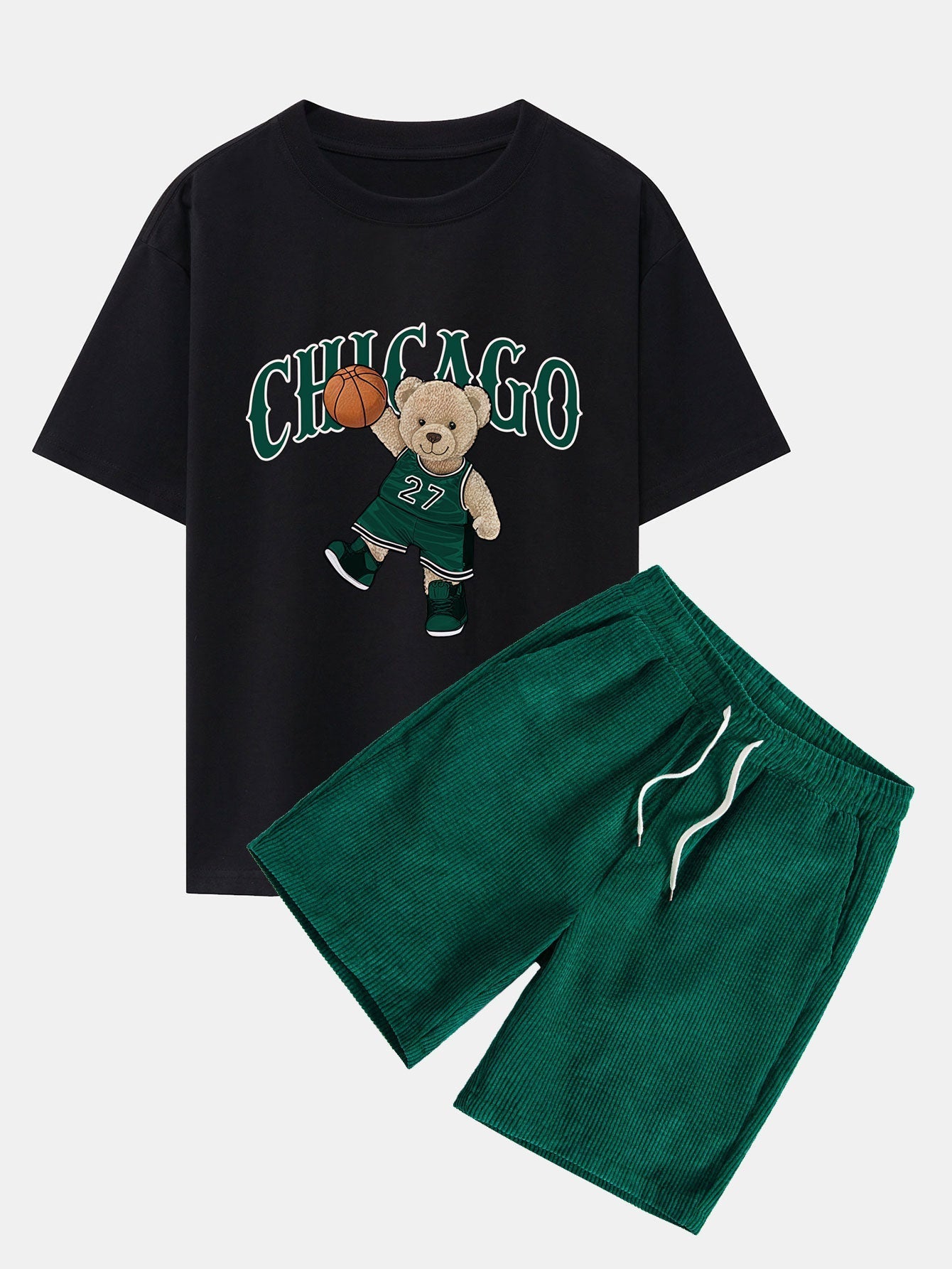 Erasto® | Chicago Basketball Bear Print Drop Shoulder Oversize T-Shirt & Drawstring Corduroy Shorts