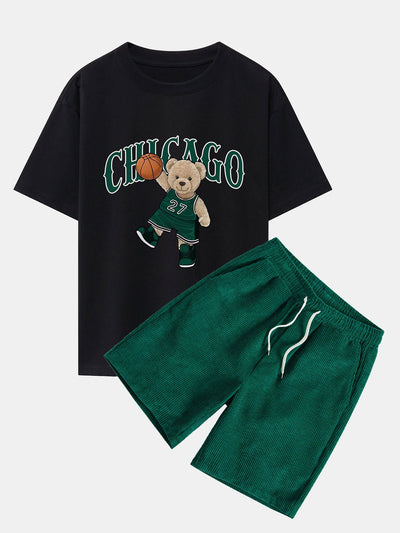 Erasto® | Chicago Basketball Bear Print Drop Shoulder Oversize T-Shirt & Drawstring Corduroy Shorts