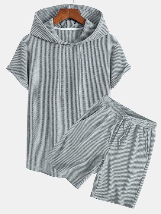 Adalton® | Knitted Waffle Arc Hem Hooded T-Shirt & Drawstring Waffle Shorts