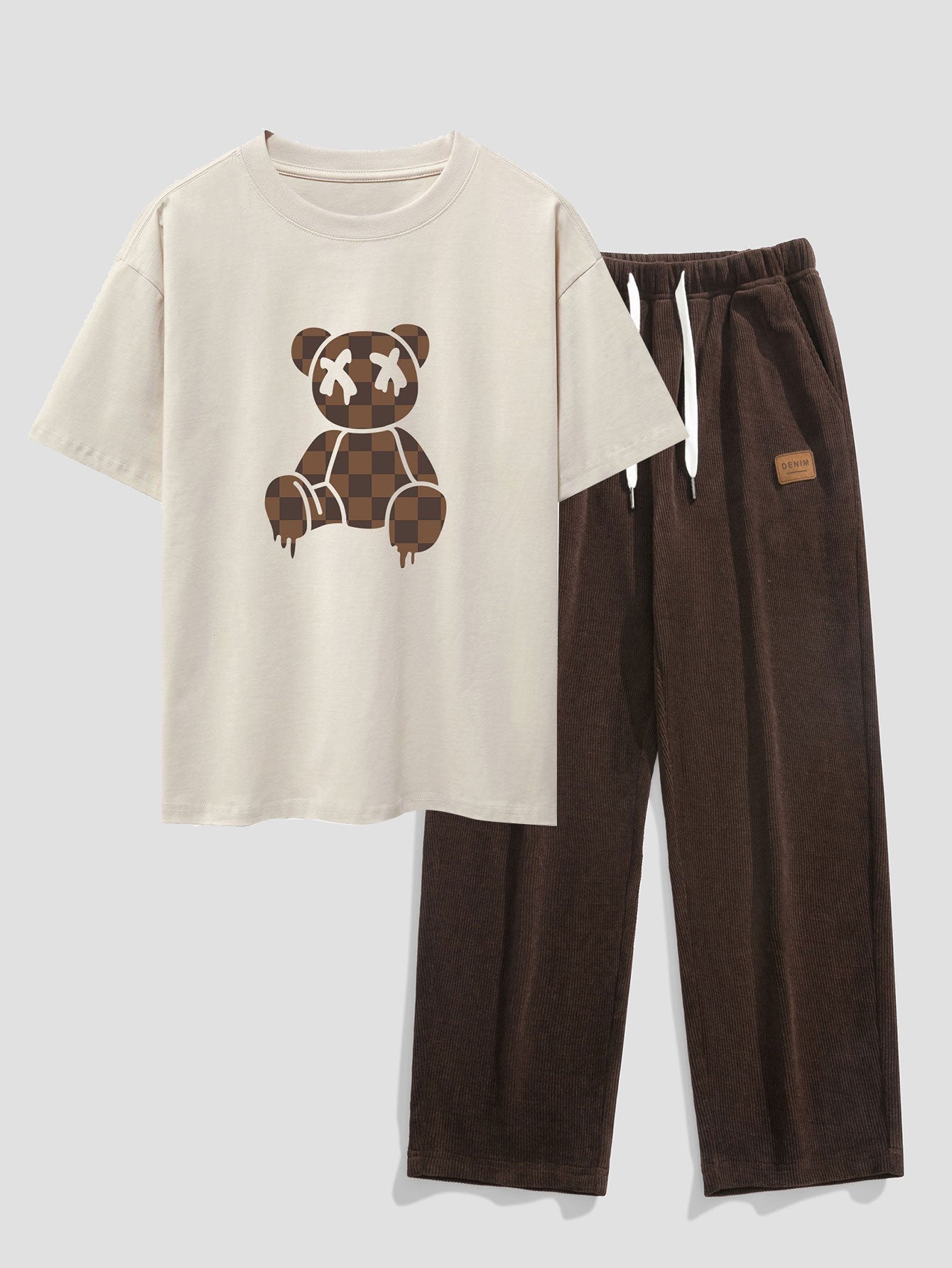 Nestor® | Checkerboard Dissolving Bear Drop Shoulder Oversize T-Shirt & Straight Leg Corduroy Pants
