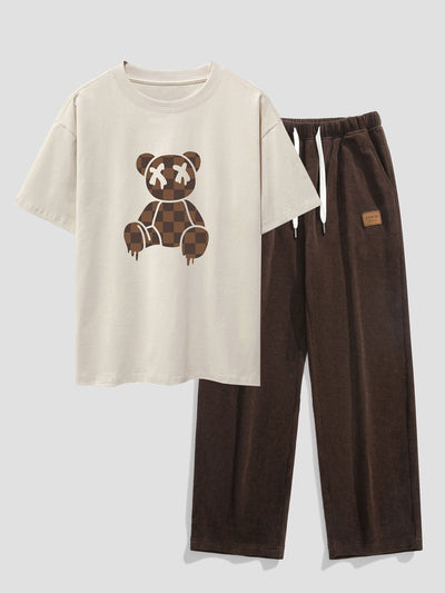 Nestor® | Checkerboard Dissolving Bear Drop Shoulder Oversize T-Shirt & Straight Leg Corduroy Pants