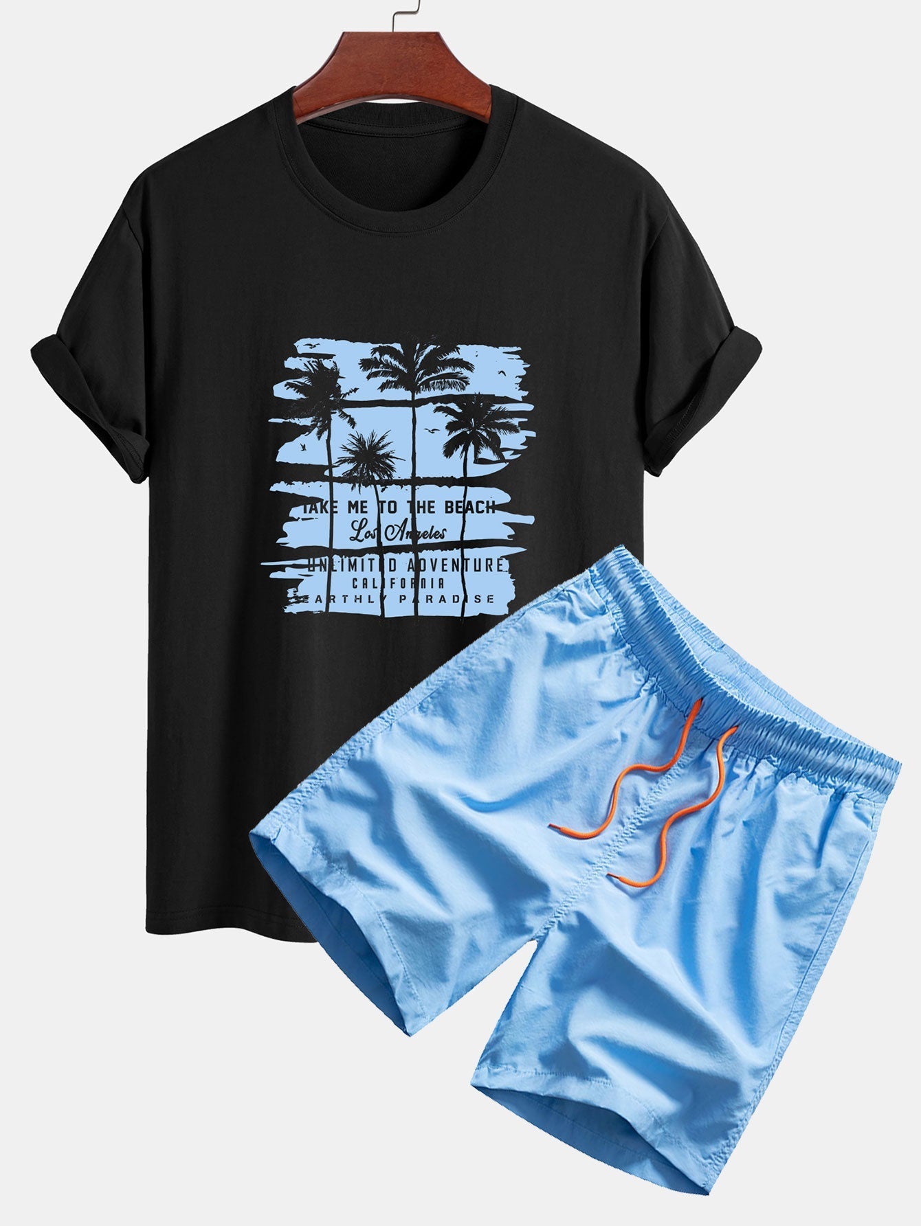 Custodio® | Palm Tree Silhouette Print Cotton T-Shirt & Man Mid Length Drawstring Swim Shorts