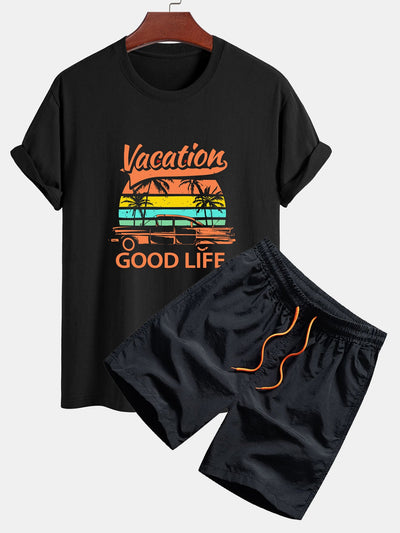 Fred® | Regular Fit Good Life On Vacation Print Cotton T-Shirt & Man Mid Length Drawstring Swim Shorts