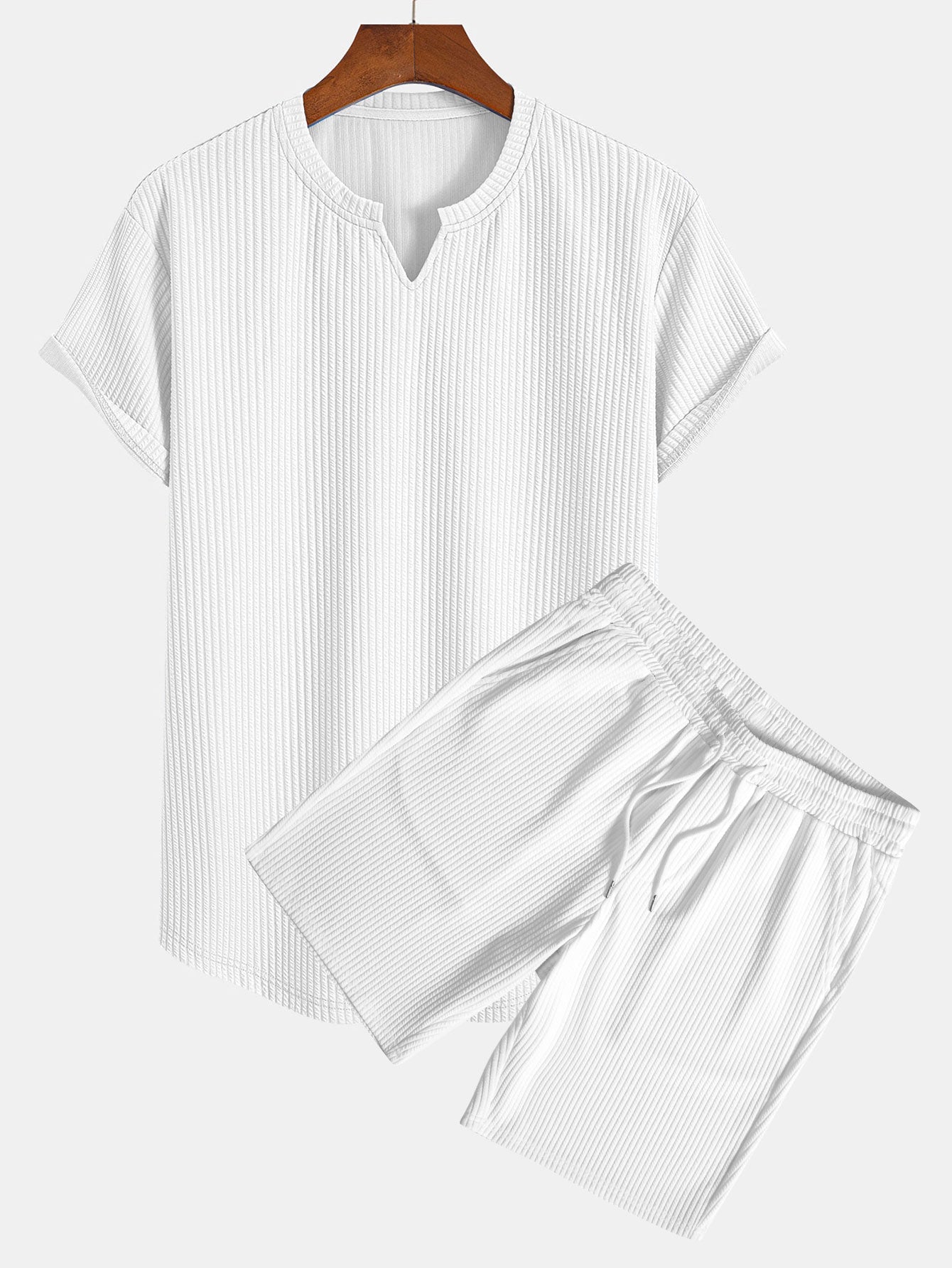 Fabricio® | Muscle Fit Notch Ribbed Arc Hem T-Shirt & Drawstring Ribbed Shorts